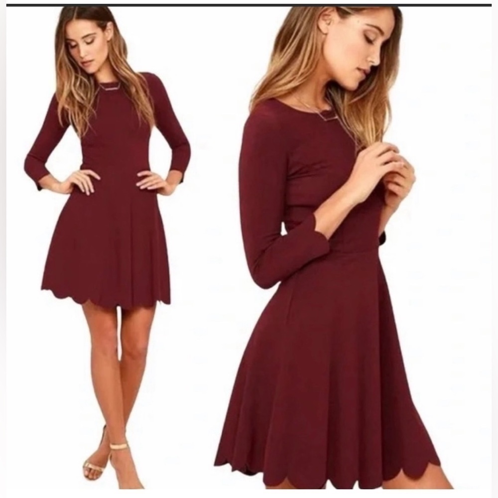 NWOT Lulu's Cumulonimbus Clouds Skater Burgundy Scalloped Hem Mini Dress Size M